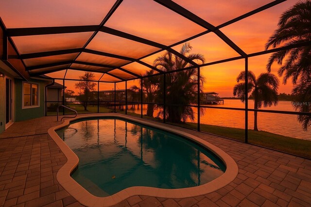 6530 Manila Palm Way, Apollo Beach, FL 33572 - pool at dusk with a water view, a patio, an outdoor pool, and glass enclosure