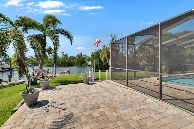 6530 Manila Palm Way, Apollo Beach, FL 33572 - view of patio with a dock, a water view, an outdoor pool, and glass enclosure