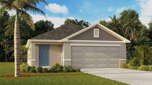4375 Sand Dollar Way, Zephyrhills, FL 33541 - view of front of home with driveway, stucco siding, an attached garage, a front yard, and an outbuilding