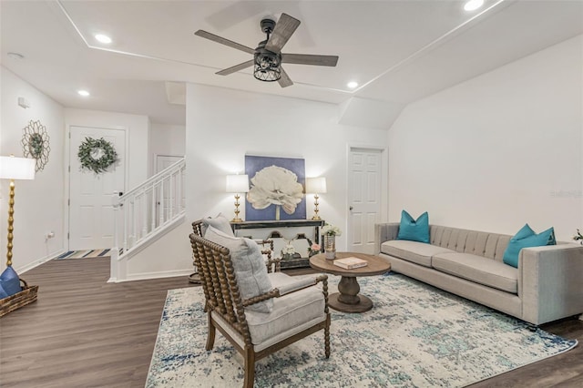 4316 Sailplane Ct, Wesley Chapel, FL 33545 - living area with wood finished floors, stairway, recessed lighting, ceiling fan, and baseboards