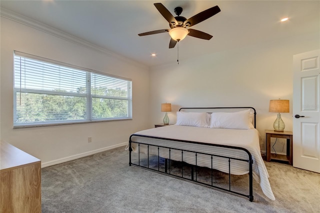 1089 Virginia St, Dunedin, FL 34698 - bedroom with light carpet, baseboards, ornamental molding, a ceiling fan, and recessed lighting