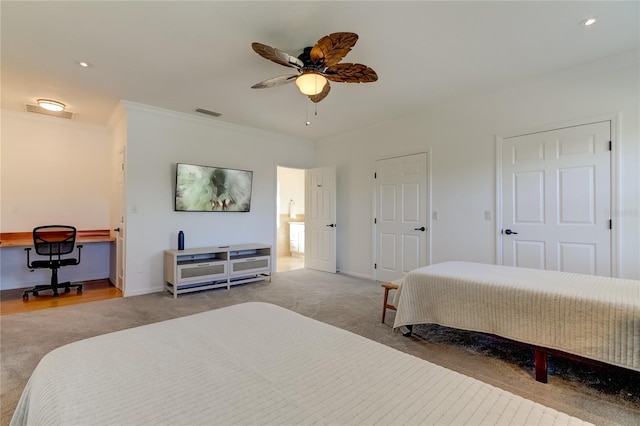 1089 Virginia St, Dunedin, FL 34698 - carpeted bedroom with a desk, baseboards, a ceiling fan, crown molding, and recessed lighting