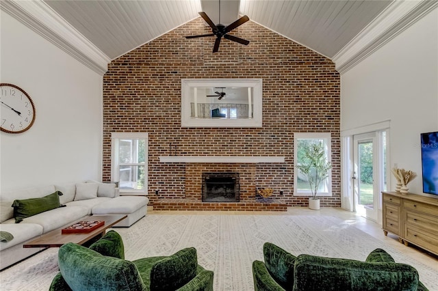 1089 Virginia St, Dunedin, FL 34698 - living area with brick wall, a ceiling fan, high vaulted ceiling, ornamental molding, and a fireplace