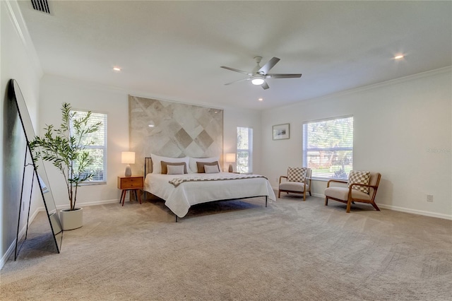 1089 Virginia St, Dunedin, FL 34698 - bedroom featuring light carpet, crown molding, baseboards, recessed lighting, and ceiling fan