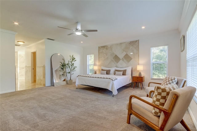 1089 Virginia St, Dunedin, FL 34698 - bedroom featuring light colored carpet, ornamental molding, a ceiling fan, recessed lighting, and baseboards