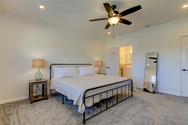 1089 Virginia St, Dunedin, FL 34698 - carpeted bedroom featuring ornamental molding, baseboards, a ceiling fan, recessed lighting, and ensuite bathroom