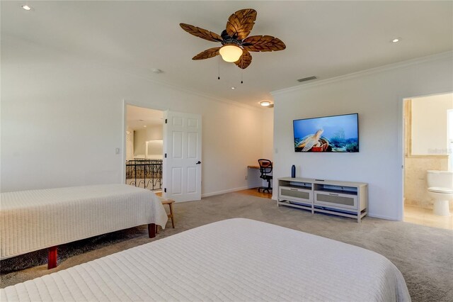 1089 Virginia St, Dunedin, FL 34698 - carpeted bedroom featuring ornamental molding, connected bathroom, baseboards, ceiling fan, and recessed lighting