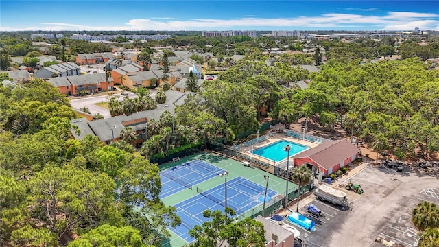 drone / aerial view of a pool