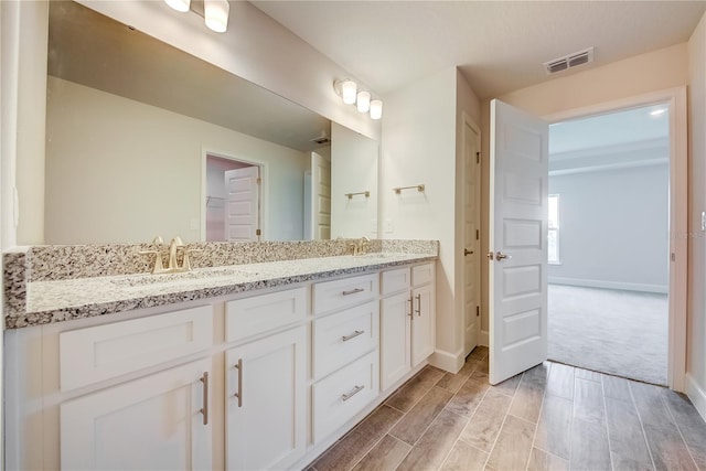 bathroom featuring baseboards, double vanity, wood finished floors, and a walk in closet