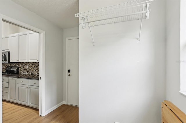 clothes washing area with light wood-style floors and baseboards