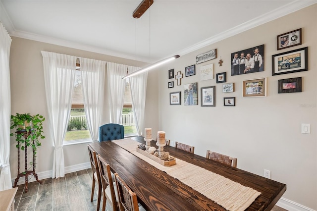 22294 Storybook Cabin Way, Land O Lakes, FL 34637 - dining space with dark wood finished floors, baseboards, ornamental molding, and ceiling fan