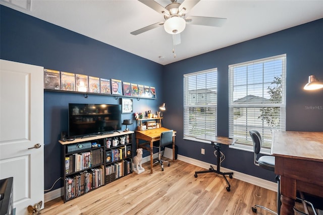 22294 Storybook Cabin Way, Land O Lakes, FL 34637 - home office featuring a ceiling fan, wood finished floors, and baseboards