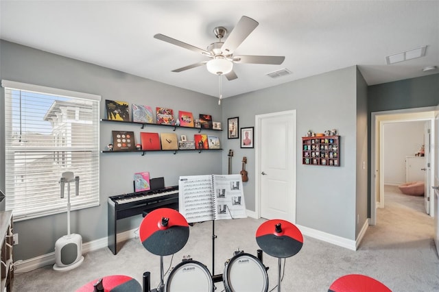 22294 Storybook Cabin Way, Land O Lakes, FL 34637 - recreation room featuring carpet, a ceiling fan, and baseboards