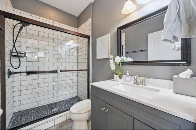 full bath featuring toilet, a shower stall, and vanity
