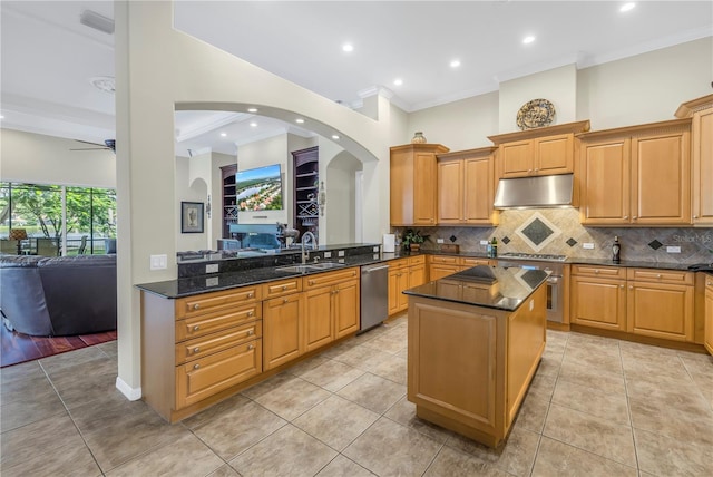 kitchen with under cabinet range hood, a sink, appliances with stainless steel finishes, backsplash, and crown molding