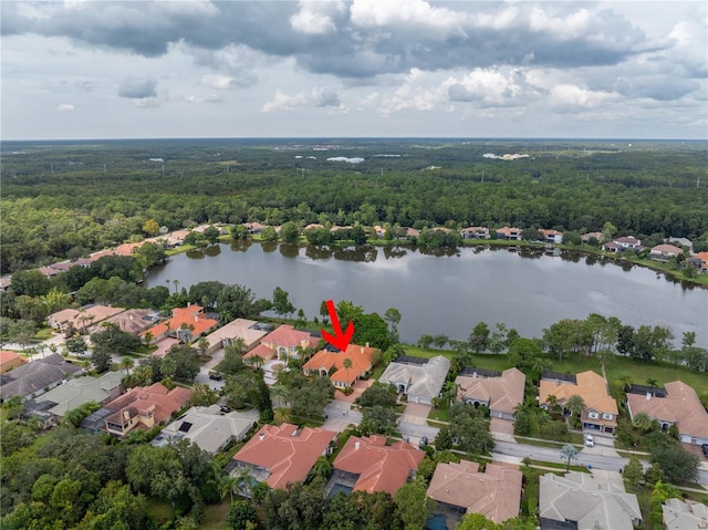 aerial perspective of suburban area featuring a forest and a large body of water