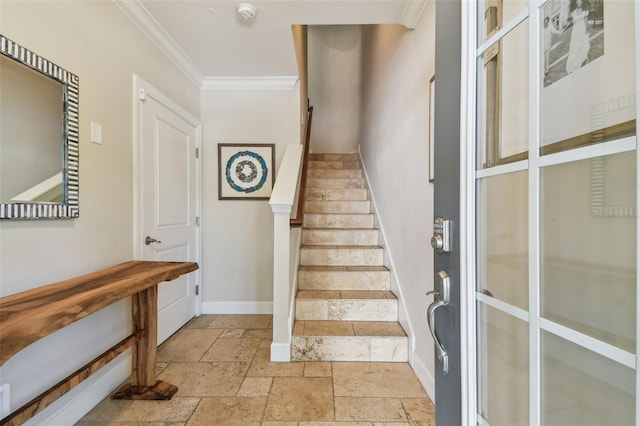 6140 Marina Cove Way S, Saint Petersburg, FL 33712 - stairway with stone tile floors, baseboards, and ornamental molding