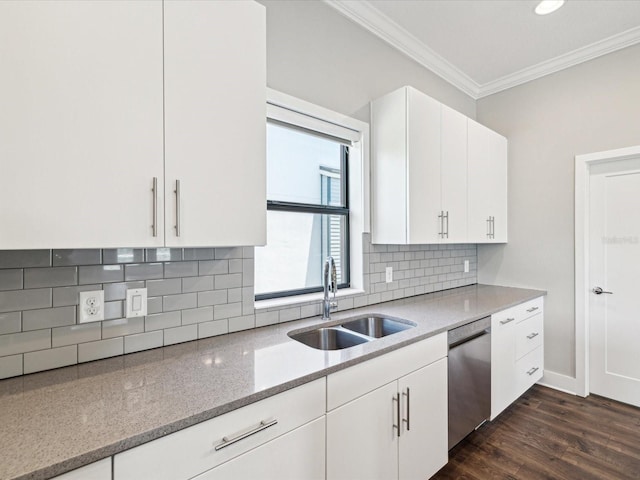 946 Highland Ave Unit 24, Dunedin, FL 34698 - kitchen featuring a sink, crown molding, dishwasher, white cabinets, and light stone counters