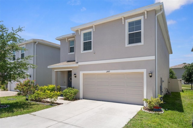 2449 Moon Shadow Rd, New Port Richey, FL 34655 - traditional-style house featuring stucco siding, driveway, a garage, and a front lawn
