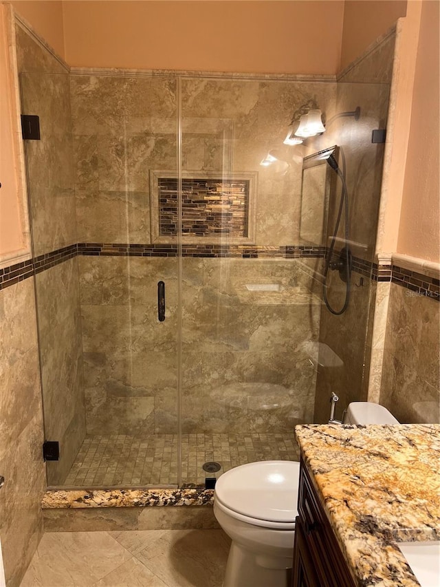 18104 Sweet Jasmine Dr, Tampa, FL 33647 - full bathroom featuring vanity, tile walls, and a stall shower