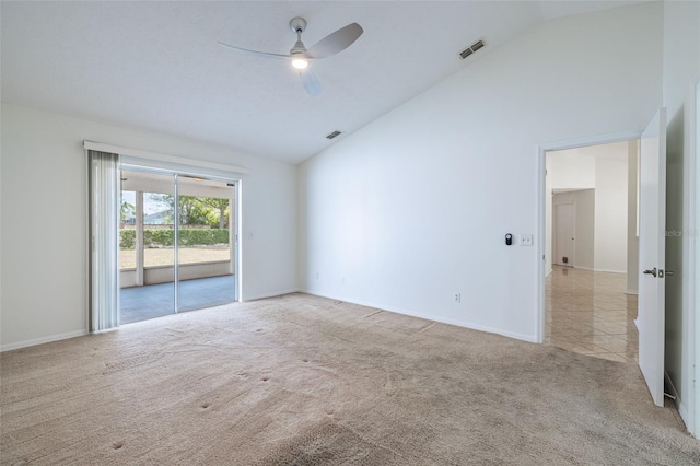 1426 Buckner Rd, Valrico, FL 33596 - empty room with high vaulted ceiling, ceiling fan, carpet flooring, and baseboards