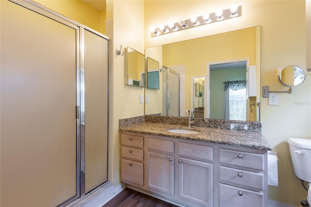 19025 Callaway Ct, Tampa, FL 33647 - bathroom featuring toilet, a stall shower, vanity, and wood finished floors