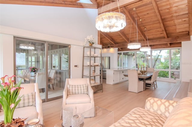 living area with a chandelier, wooden ceiling, light wood-type flooring, and healthy amount of natural light