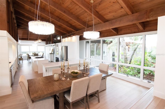 dining space with wooden ceiling and light wood finished floors
