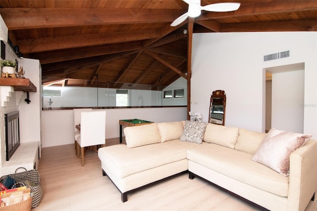 living room with wooden ceiling, wood finished floors, a ceiling fan, and a fireplace