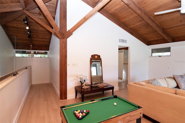game room featuring wooden ceiling, wood finished floors, baseboards, and a ceiling fan