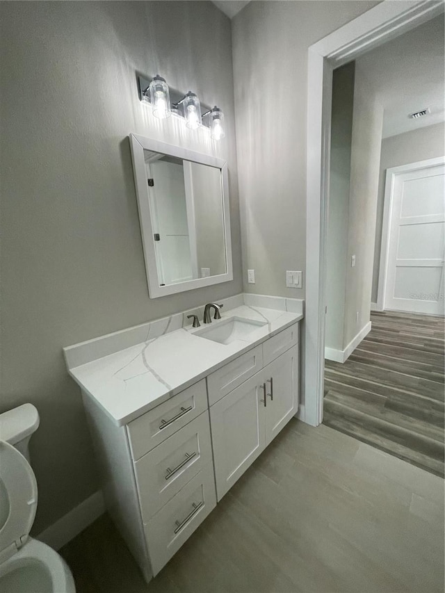 12308 Pittsfield Ave, Tampa, FL 33624 - bathroom with toilet, baseboards, wood finished floors, and vanity