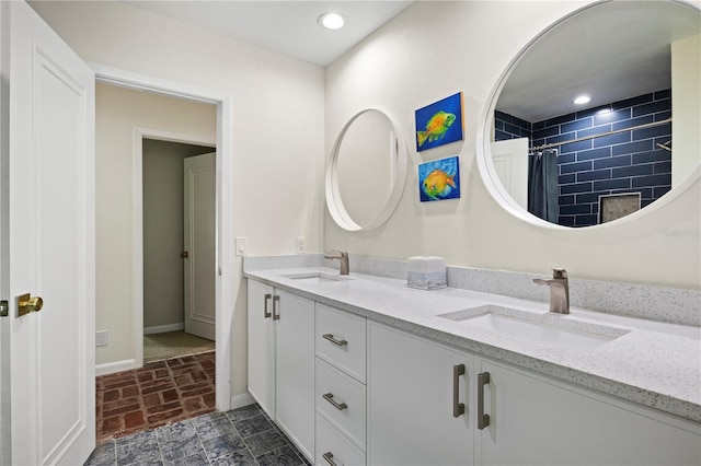 4009 Carrollwood Village Dr, Tampa, FL 33618 - full bath featuring double vanity, baseboards, and a shower with shower curtain