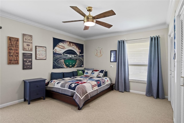 4009 Carrollwood Village Dr, Tampa, FL 33618 - bedroom with light carpet, ornamental molding, baseboards, and ceiling fan