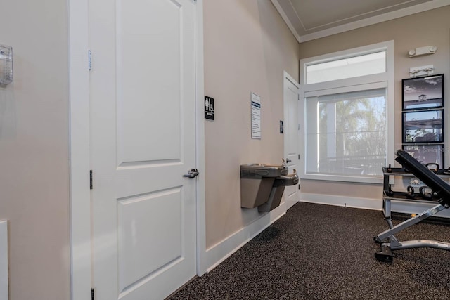 workout area with baseboards and ornamental molding