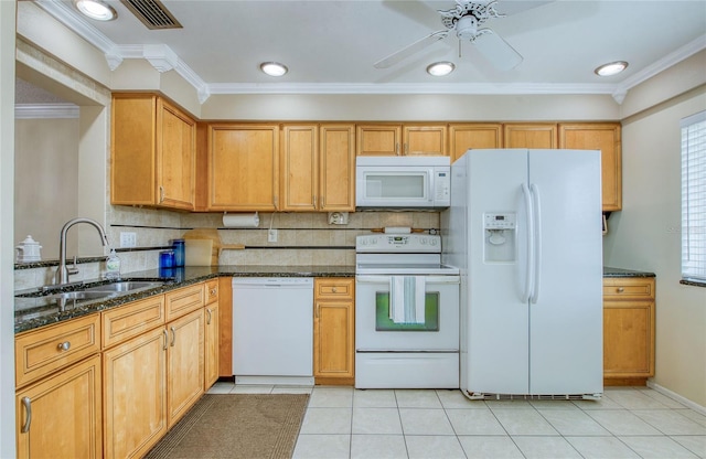 19029 US Highway 19 N Unit 31F, Clearwater, FL 33764 - kitchen featuring white appliances, a sink, tasteful backsplash, dark stone counters, and ornamental molding