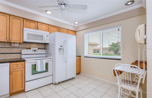 19029 US Highway 19 N Unit 31F, Clearwater, FL 33764 - kitchen with white appliances, backsplash, crown molding, a ceiling fan, and light tile patterned floors