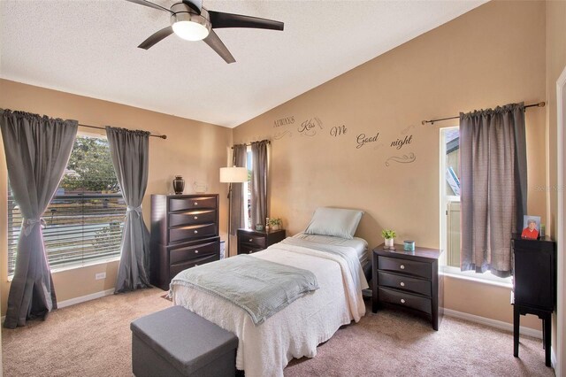 2816 Manor Hill Dr, Brandon, FL 33511 - carpeted bedroom with lofted ceiling, a ceiling fan, and a textured ceiling