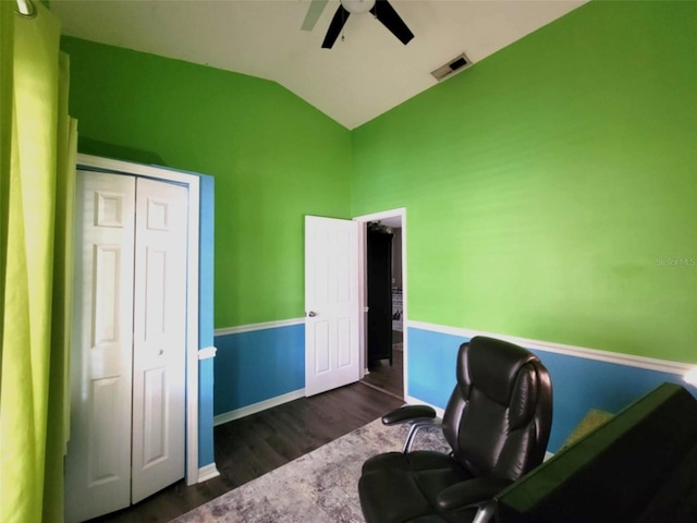 2816 Manor Hill Dr, Brandon, FL 33511 - office with dark wood-style flooring, ceiling fan, and high vaulted ceiling
