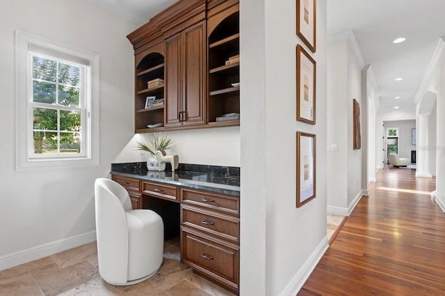 17129 Breeders Cup Dr, Odessa, FL 33556 - office area with baseboards, ornamental molding, decorative columns, built in study area, and recessed lighting