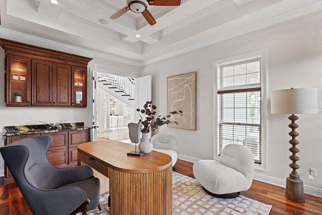 17129 Breeders Cup Dr, Odessa, FL 33556 - office space featuring crown molding, ceiling fan, coffered ceiling, beam ceiling, and wood finished floors