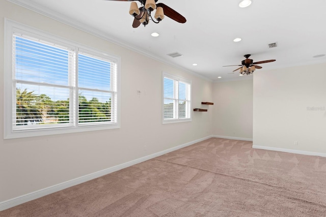 17129 Breeders Cup Dr, Odessa, FL 33556 - spare room with ceiling fan, light carpet, crown molding, recessed lighting, and baseboards