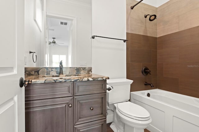 17129 Breeders Cup Dr, Odessa, FL 33556 - bathroom featuring toilet, vanity, washtub / shower combination, a ceiling fan, and crown molding