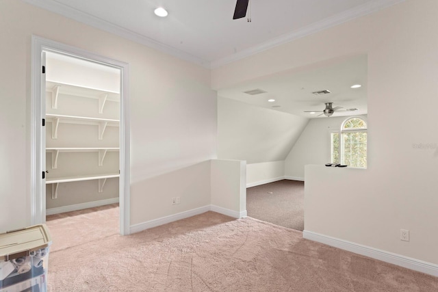 17129 Breeders Cup Dr, Odessa, FL 33556 - bonus room featuring a ceiling fan, carpet, baseboards, recessed lighting, and lofted ceiling