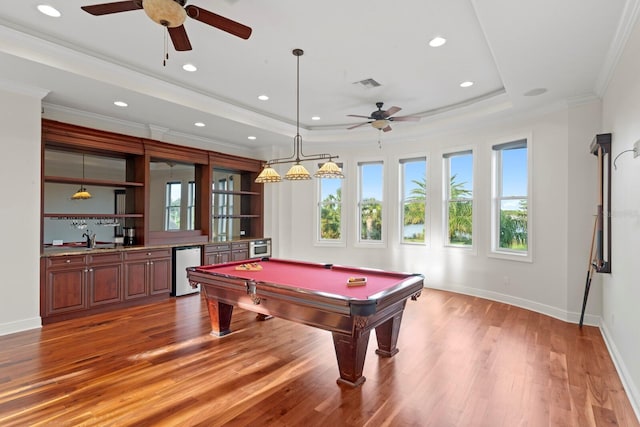 17129 Breeders Cup Dr, Odessa, FL 33556 - game room with a ceiling fan, a raised ceiling, light wood-type flooring, billiards, and crown molding