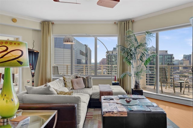 449 S 12th St Unit 2205, Tampa, FL 33602 - living room with a city view, wood finished floors, and ornamental molding