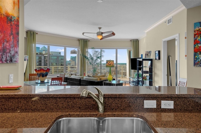 449 S 12th St Unit 2205, Tampa, FL 33602 - kitchen with a sink, a ceiling fan, ornamental molding, open floor plan, and dark stone countertops