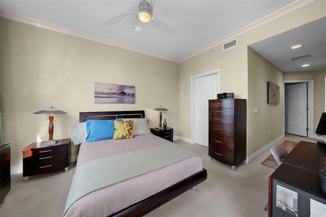 449 S 12th St Unit 2205, Tampa, FL 33602 - bedroom featuring light carpet, ornamental molding, baseboards, and ceiling fan