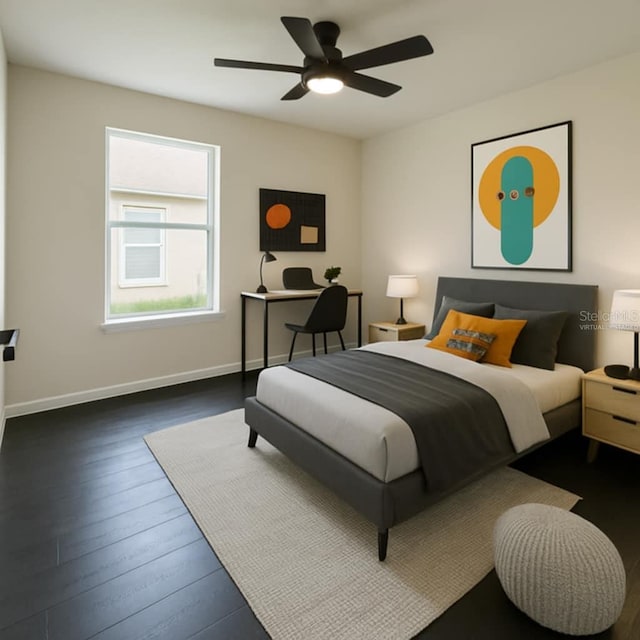 bedroom featuring baseboards, dark wood finished floors, and ceiling fan