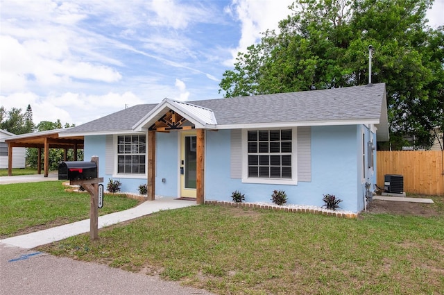 ranch-style home with central AC unit, an attached carport, and stucco siding
