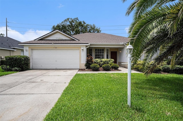 1744 Brookstone Way, Plant City, FL 33566 - single story home featuring stucco siding, a garage, concrete driveway, a front yard, and roof with shingles